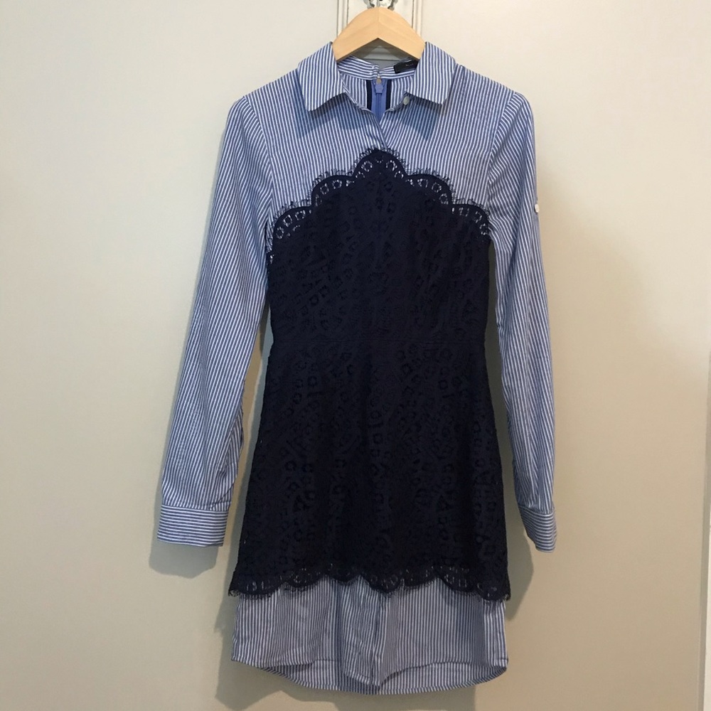BCBG Kaylin Lace Blocked Blue Striped Shirt Dress